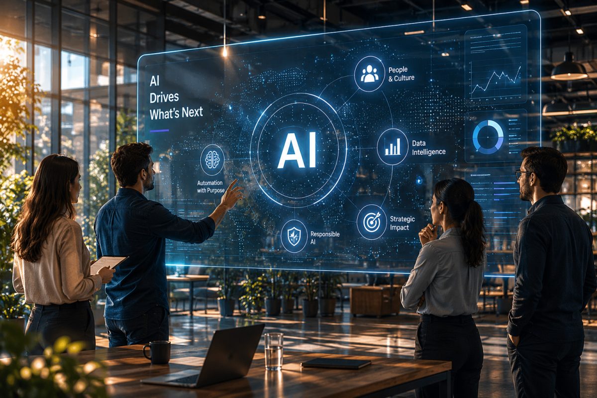 Un equipo de trabajo planeando una estrategia de adopción de IA en una pantalla virtual.